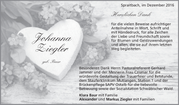 Traueranzeige von Johanna Ziegler von Gmünder Tagespost