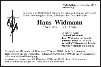 Traueranzeige von Hans Widmann von Gmünder Tagespost
