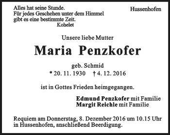 Traueranzeige von Maria Penzkofer von Gmünder Tagespost