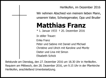 Traueranzeige von Matthias Franz von Gmünder Tagespost