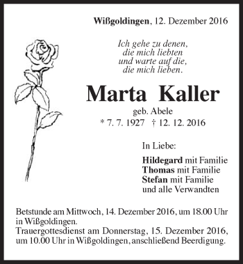 Traueranzeige von Marta Kaller von Gmünder Tagespost