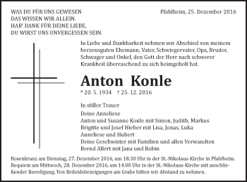 Traueranzeige von Anton Kohnle von Schwäbische Post