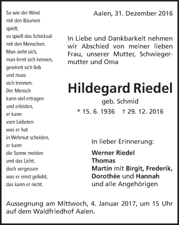 Traueranzeige von Hildegard Riedel von Schwäbische Post