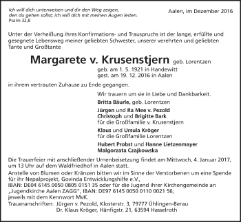 Traueranzeige von Margarete von Krusenstjern von Schwäbische Post