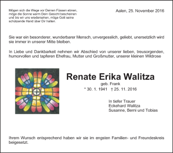 Traueranzeige von Renate Erika Walitza von Schwäbische Post