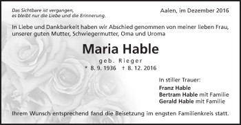 Traueranzeige von Maria Hable von Schwäbische Post