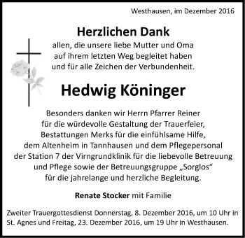 Traueranzeige von Hedwig Köninger von Schwäbische Post