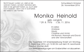 Traueranzeige von Monika Heinold von Gmünder Tagespost