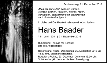 Traueranzeige von Hans Baader von Schwäbische Post