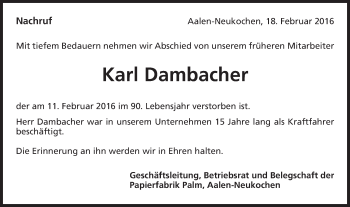 Traueranzeige von Karl Dambacher von Schwäbische Post