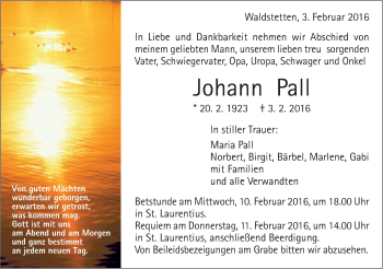 Traueranzeige von Johann Pall von Gmünder Tagespost