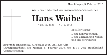 Traueranzeige von Hans Waibel von Gmünder Tagespost