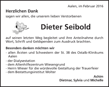 Traueranzeige von Dieter Seibold von Schwäbische Post