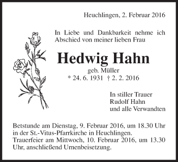 Traueranzeige von Hedwig Hahn von Gmünder Tagespost