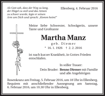 Traueranzeige von Martha Manz von Schwäbische Post