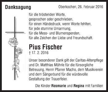 Traueranzeige von Pius Fischer von Amtsblatt_Oko