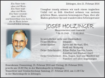 Traueranzeige von Josef Holzinger von Schwäbische Post