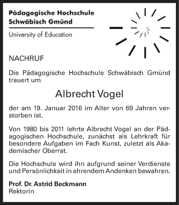 Traueranzeige von Albrecht Martin Vogel  von Gmünder Tagespost