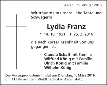 Traueranzeige von Lydia Franz von Schwäbische Post