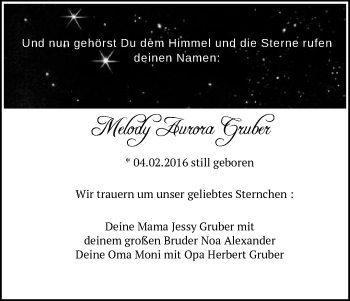 Traueranzeige von Melody Aurora Gruber von Schwäbische Post