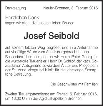 Traueranzeige von Josef Seibold von Schwäbische Post