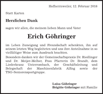 Traueranzeige von Erich Göhringer von Schwäbische Post