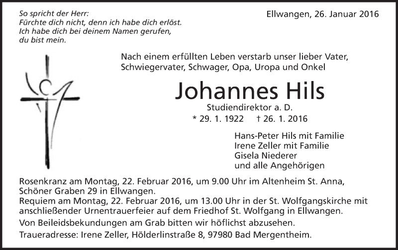  Traueranzeige für Johannes Hils vom 16.02.2016 aus Schwäbische Post