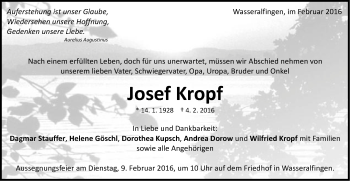 Traueranzeige von Josef Kropf von Schwäbische Post
