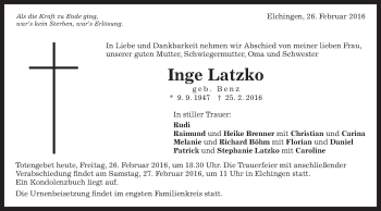 Traueranzeige von Inge Latzko von Schwäbische Post