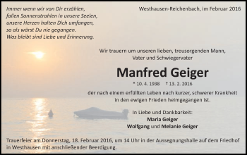 Traueranzeige von Manfred Geiger von Schwäbische Post