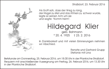 Traueranzeige von Hildegard Klier von Gmünder Tagespost