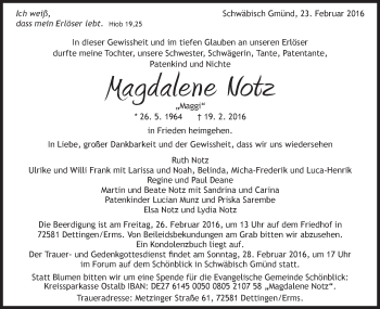Traueranzeige von Magdalene Notz von Gmünder Tagespost