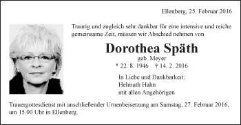 Traueranzeige von Dorothea Späth von Schwäbische Post