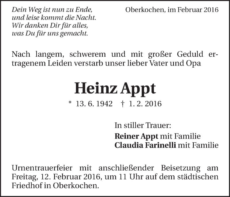  Traueranzeige für Heinz Appt vom 10.02.2016 aus Schwäbische Post