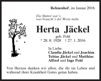 Traueranzeige von Herta Jäckel von Gmünder Tagespost