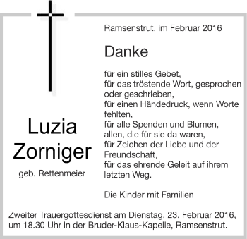 Traueranzeige von Luzia Zorniger von Schwäbische Post
