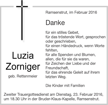 Traueranzeige von Luzia Zorniger