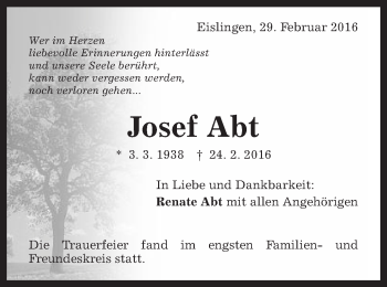 Traueranzeige von Josef Abt von Gmünder Tagespost