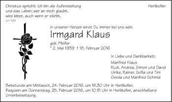 Traueranzeige von Irmgard Klaus von Gmünder Tagespost
