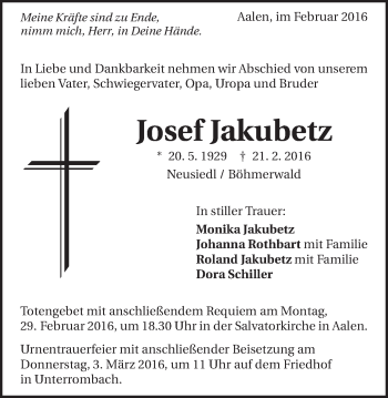 Traueranzeige von Josef Jakubetz von Schwäbische Post