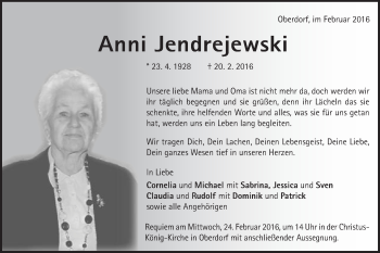 Traueranzeige von Anni Jendrejewski von Schwäbische Post