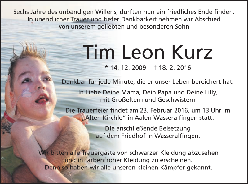  Traueranzeige für Tim Leon Kurz vom 20.02.2016 aus Schwäbische Post