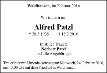 Traueranzeige von Alfred Patzl von Gmünder Tagespost