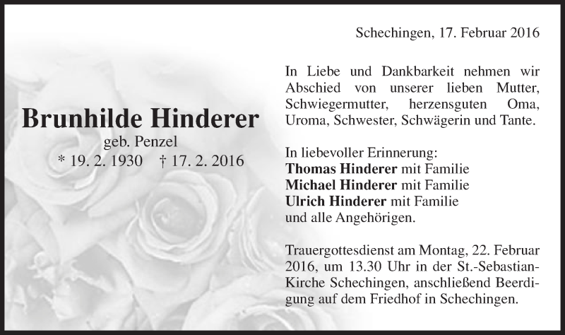  Traueranzeige für Brunhilde Hinderer vom 19.02.2016 aus Gmünder Tagespost
