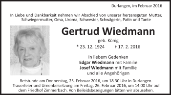 Traueranzeige von Gertrud Wiedmann von Gmünder Tagespost