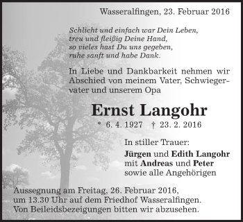 Traueranzeige von Ernst Langohr von Schwäbische Post