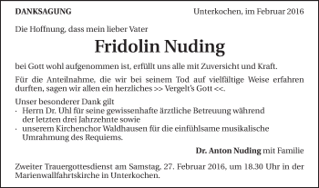 Traueranzeige von Fridolin Nuding von Schwäbische Post
