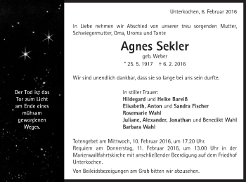 Traueranzeige von Agnes Sekler von OstalbTrauer