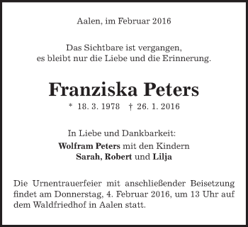Traueranzeige von Franziska Peters von Schwäbische Post