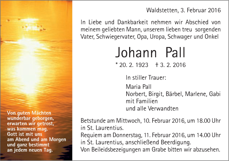  Traueranzeige für Johann Pall vom 06.02.2016 aus Gmünder Tagespost